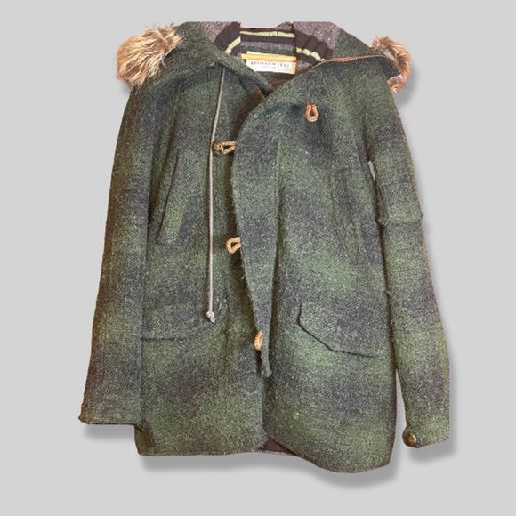 Artisan de Luxe Coat Toggle Closure Faux Fur Hood Multi Pocket Green/Brown M M - Picture 2 of 16